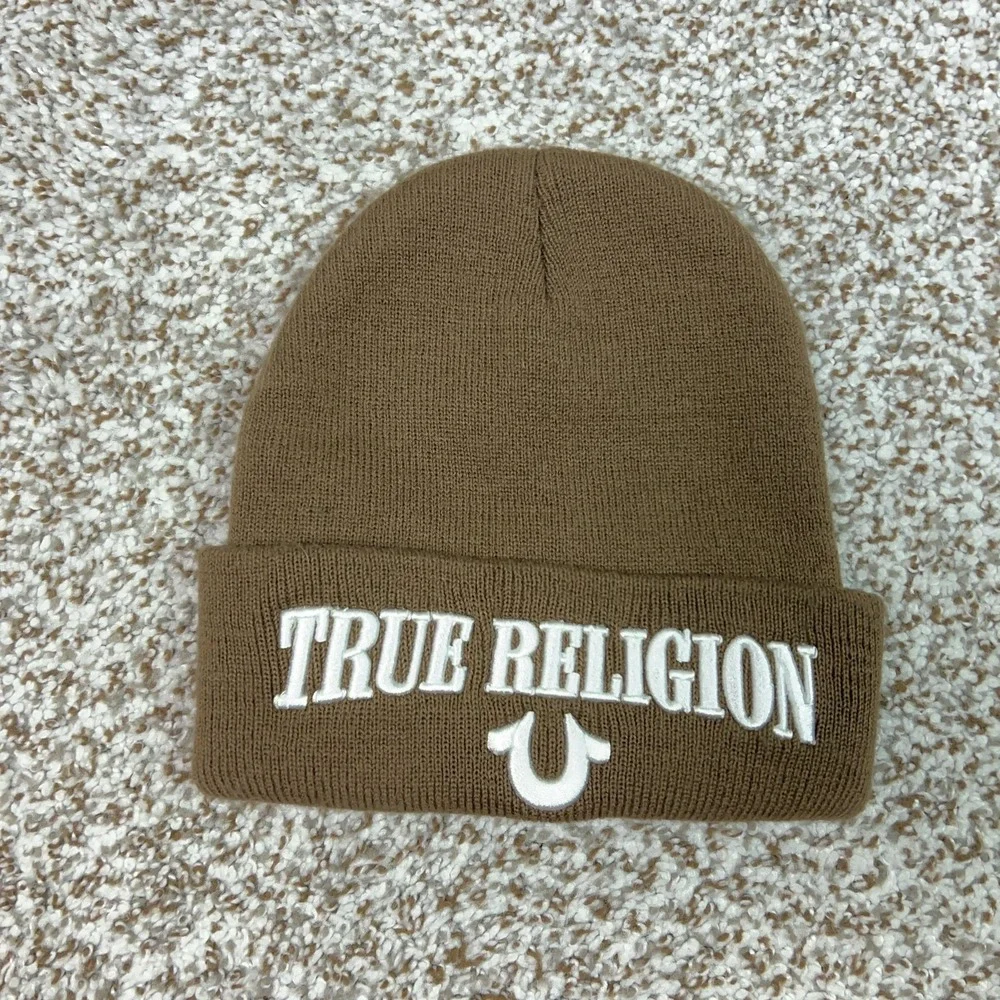 True Religion Hat Beanie Men One Size Brown Knit Logo Spellout Winter Streetwear